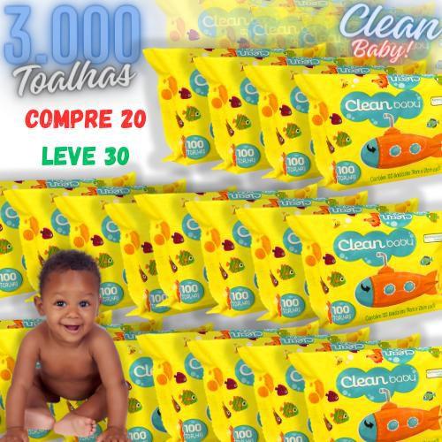 Imagem de Kit com 30 Lenços/Toalhas Umedecidas Clean Baby/3000 Unidades Extrato de Camomila