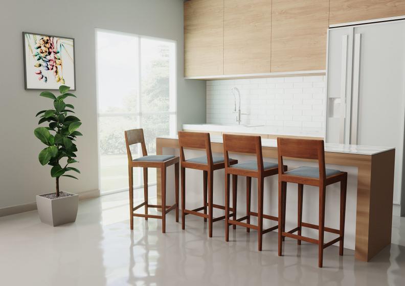 Imagem de Kit Com 4 Banquetas Alta de Madeira Maciça Com Encosto Para Cozinha e Área Gourmet - Suede Veludo Cinza - Home Mobily