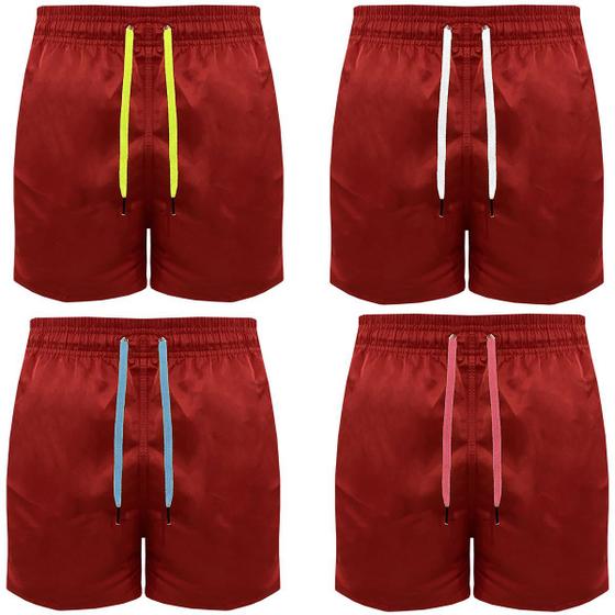 Imagem de Kit Com 4 Bermudas Praia Masculina Tactel Vermelho Cordões Coloridos
