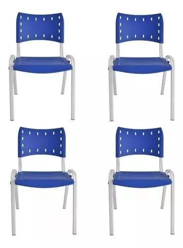 Imagem de Kit Com 4 Cadeiras Iso Para Escola Escritório Comércio Azul Base Branca 