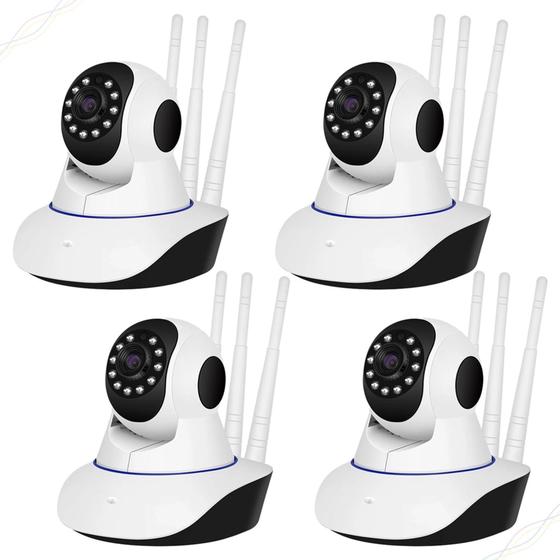 Imagem de Kit com 4 Câmeras de Segurança Ip Sem Fio 360 3 Antenas Hd Wifi Rj45 Visão Noturna Alarme