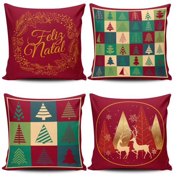 Kit com 4 Capas de Almofadas Estampadas Natalinas Feliz Natal Fim de Ano 45cm x 45cm - Jogo Conjunto Decoração Festas Ceia Véspera Sala Quarto - DOURADOS ENXOVAIS