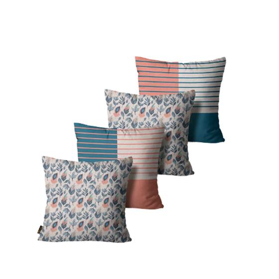 Imagem de Kit com 4 Capas para Almofada Linho Abstratas Azul e Salmão