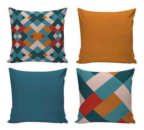 Imagem de Kit Com 4 Capas Para Almofadas Decorativas De Sofá Laranja/Azul Petróleo 