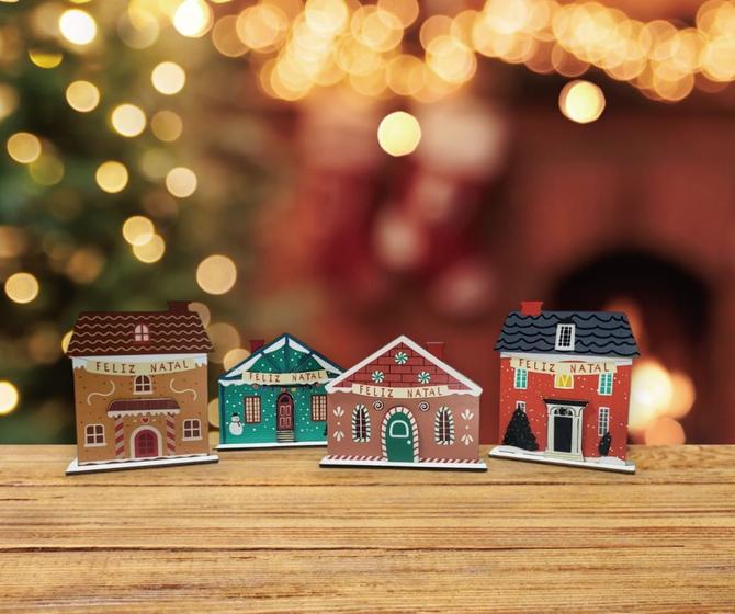 Imagem de Kit com 4 Casas Natalinas em madeira Mdf tipo Fachada Natal