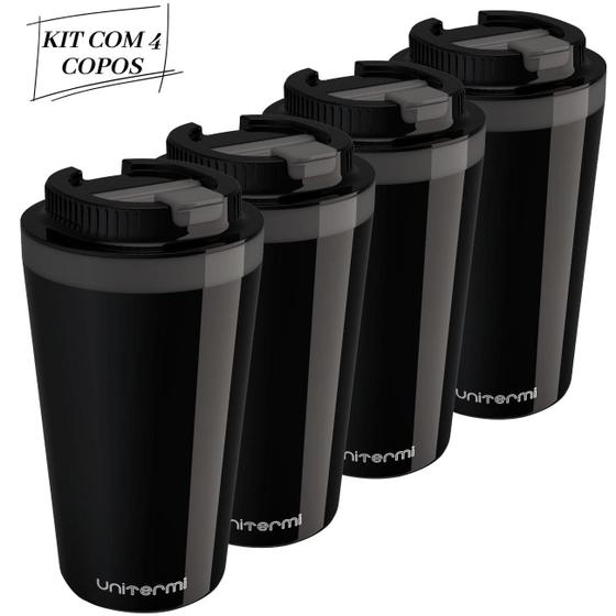 Imagem de Kit com 4 Copos Térmico Minas 400 ML Tampa Parede Dupla Multiuso Squeeze Unitermi Café Chá Suco Água
