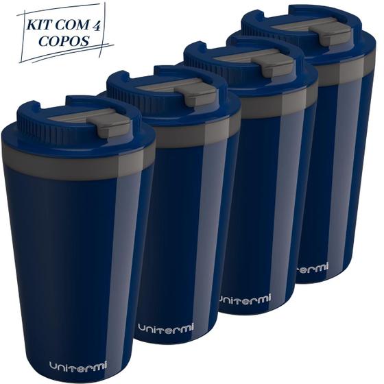 Imagem de Kit com 4 Copos Térmico Minas 400 ML Tampa Parede Dupla Multiuso Squeeze Unitermi Café Chá Suco Água