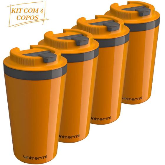 Imagem de Kit com 4 Copos Térmico Minas 400 ML Tampa Parede Dupla Multiuso Squeeze Unitermi Café Chá Suco Água