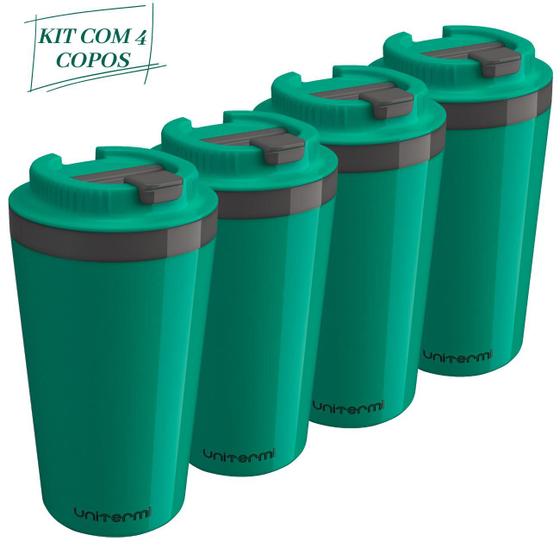 Imagem de Kit com 4 Copos Térmico Minas 400 ML Tampa Parede Dupla Multiuso Squeeze Unitermi Café Chá Suco Água