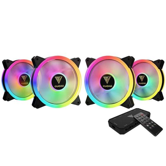 Imagem de Kit com 4 Fans Gamdias Aeolus Elite 120mm Preto RGB com Controlador