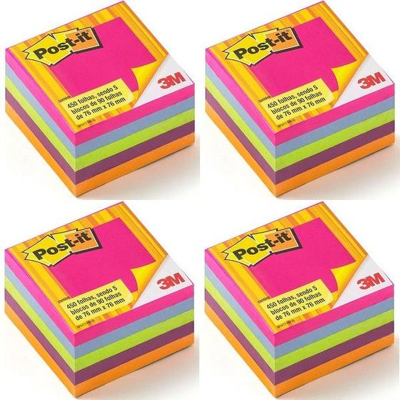 Imagem de Kit com 4 POST-IT Cubo Tropical 654 76MM X 76MM com 450 Folhas 3M