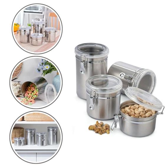 Imagem de Kit Com 4 Potes Herméticos Inox Porta Mantimentos Multiuso