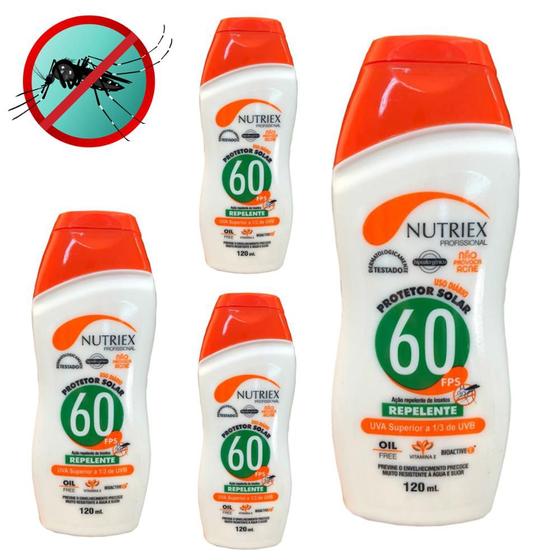 Kit com 4 Protetores Solar FPS 60 com Repelente 120 ML Bisnaga NUTRIEX Menor preço em Kit com 4 Protetores Solar FPS 60 com Repelente 120 ML Bisnaga NUTRIEX