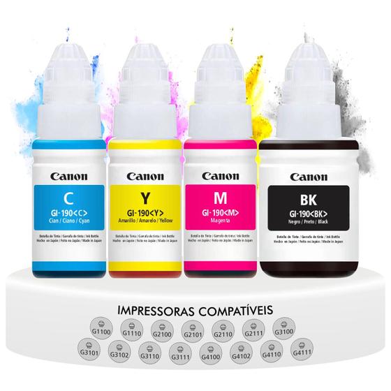 Kit Com 4 Refis de Tinta Canon Original Gi190 Gi-190 Compatíveis com G1100 G2100 G3100 G3110 G3111 G4100 G4110 Imagem de Kit Com 4 Refis de Tinta Canon Original Gi190 Gi-190 Compatíveis com G1100 G2100 G3100 G3110 G3111 G4100 G4110
