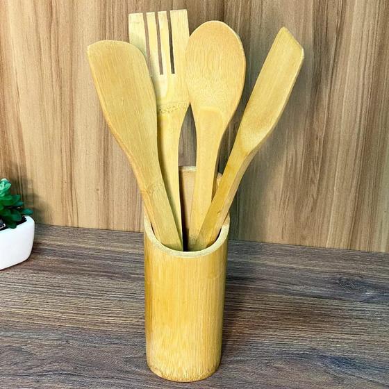 Imagem de Kit com 4 talheres de bambu com suporte para cozinha utensílios casa e decoração