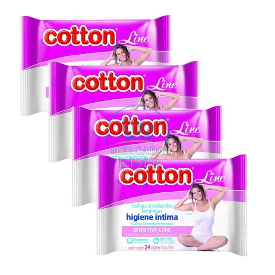 Imagem de Kit com 4 Toalha Lenço Umedecido Feminino Higiene Intima 96 un. Cotton Line
