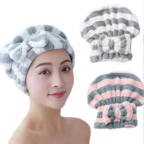 Imagem de Kit com 4 Touca De Cabelo Listrada em Microfibra Elástica Pós Banho Alta Qualidade Toque Macio Super Absorvente