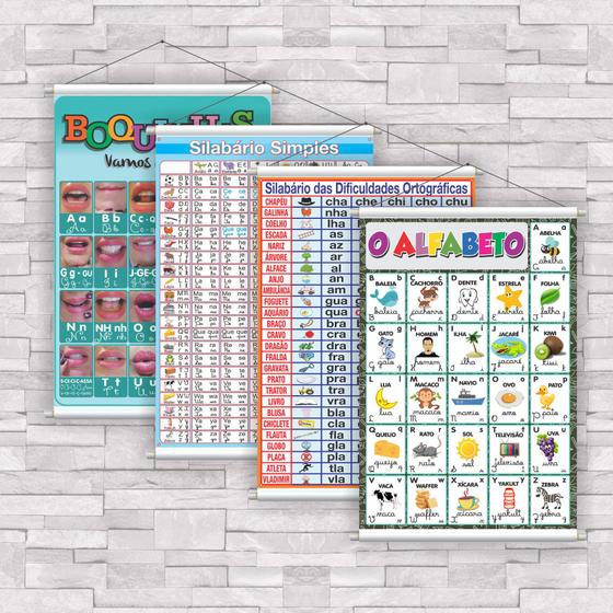 Imagem de kit com 4 UNIDADES de Banner Educativo Alfabeto, Silabário e Boquinhas 85x60cm com Bastão.