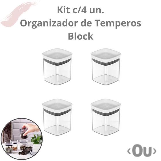 Imagem de Kit com 4 unidades de Pote Hermético Organizador Block 150 ml - Porta temperos empilhável e modular com anel de vedação