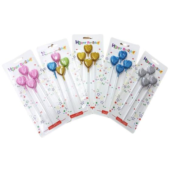 Imagem de Kit Com 4 Velas de Aniversário Formado Coração com Glitter