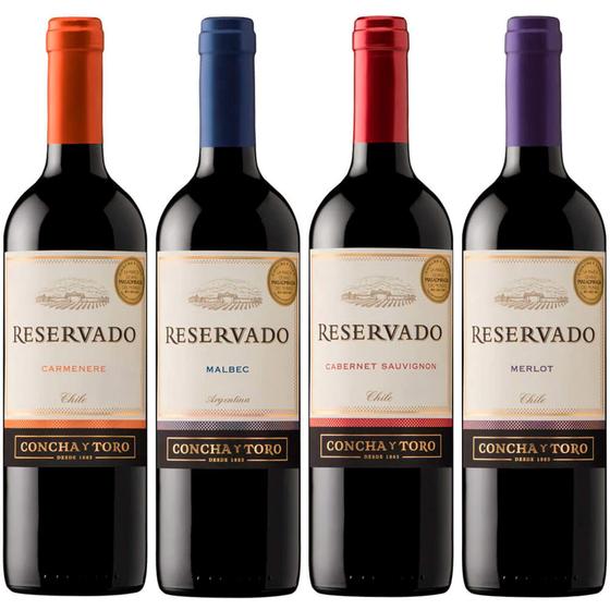 Kit com 4 vinhos Concha Y Toro Reservado 750ml - Carmenere/ Malbec/ Carbernet Sauvignon/ Merlot Menor preço em Kit com 4 vinhos Concha Y Toro Reservado 750ml - Carmenere/ Malbec/ Carbernet Sauvignon/ Merlot