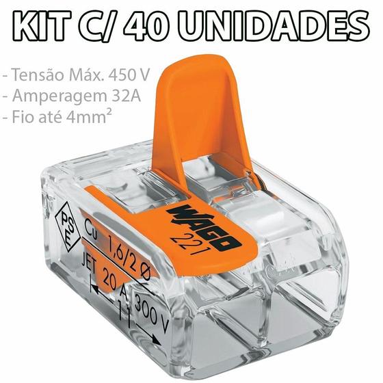 Imagem de Kit Com 40 Conector Wago Emenda 2 Fios Mod 221-412