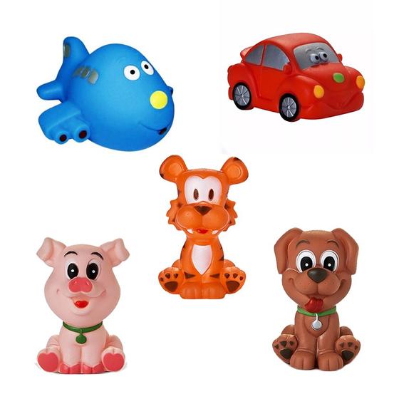 Kit Com 5 Brinquedos De Vinil Para Bebê Maralex - Carro, Avião, Porco, Cachorro e Tigre Menor preço em Kit Com 5 Brinquedos De Vinil Para Bebê Maralex - Carro, Avião, Porco, Cachorro e Tigre