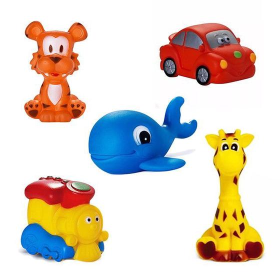 Kit Com 5 Brinquedos De Vinil Para Bebê Maralex - Carro, Trem, Girafa, Tigre e Baleia Menor preço em Kit Com 5 Brinquedos De Vinil Para Bebê Maralex - Carro, Trem, Girafa, Tigre e Baleia