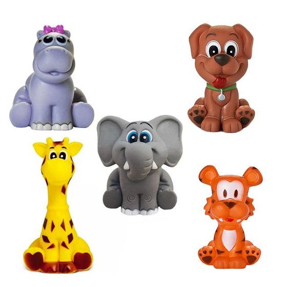 Imagem de Kit Com 5 Brinquedos De Vinil Para Bebê Maralex - Girafa, Tigre, Cachorro, Hipopótamo e Elefante