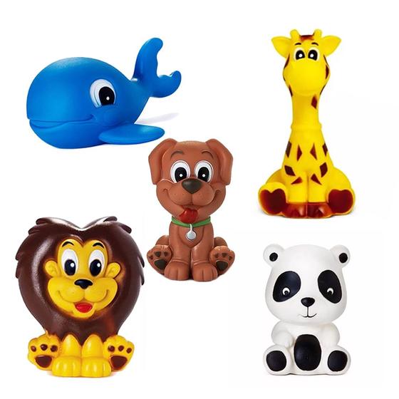 Imagem de Kit Com 5 Brinquedos De Vinil Para Bebê Maralex - Panda, Cachorro, Leão, Girafa e Baleia