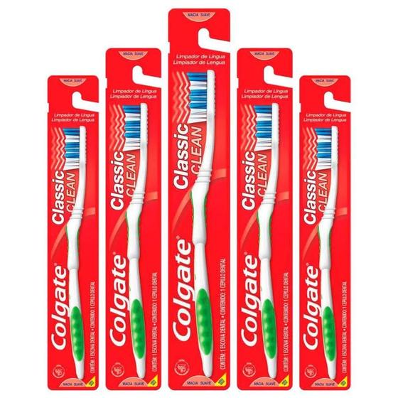 Imagem de Kit com 5 Escova de Dente Colgate Suave/Macia Classic Clean Cores Variadas