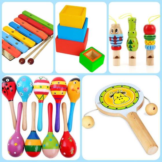 Imagem de Kit Com 5 Instrumentos e Brinquedos Pedagógicos De Madeira