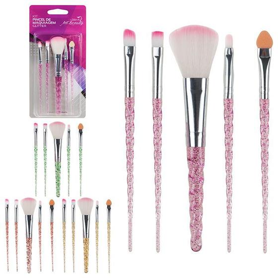 Imagem de Kit com 5 Pincéis de maquiagem fashion glitter p/ Sombras kit essencial p/ maquiagem