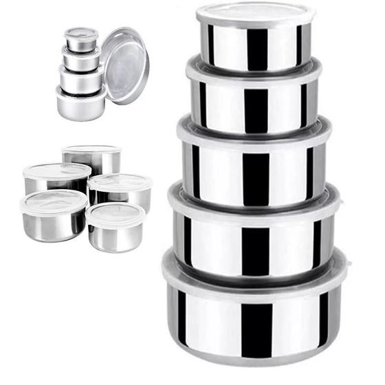 Imagem de Kit com 5 potes de inox tigelas com tampa hermética para armazenamento