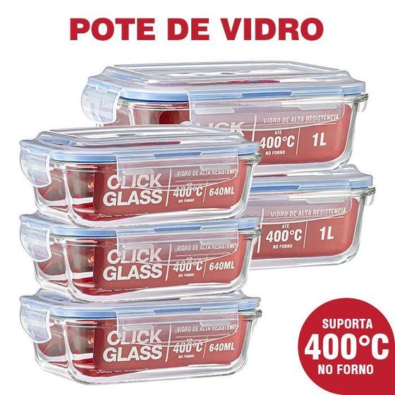 Imagem de Kit com 5 potes de vidro click glass premium 100% herméticos