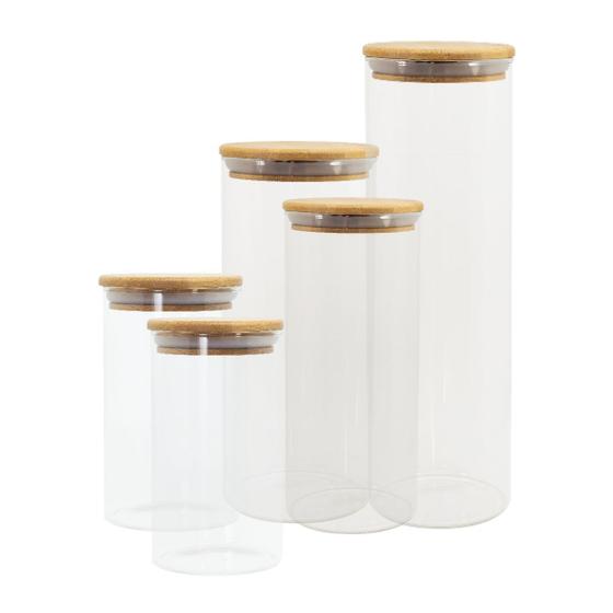 Kit com 5 Potes de Vidro para Mantimentos com Tampa Bambu - Oikos Menor preço em Kit com 5 Potes de Vidro para Mantimentos com Tampa Bambu - Oikos