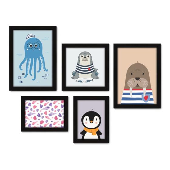 Imagem de Kit Com 5 Quadros Decorativos - Animais Marinhos - Mar - Infantil - Baby - Bebê - 309kq01p