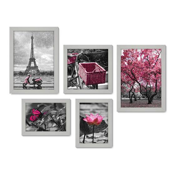 Imagem de Kit Com 5 Quadros Decorativos - Árvore - Flor - Borboleta - Preto e Branco com Rosa - Sala - 295kq01b