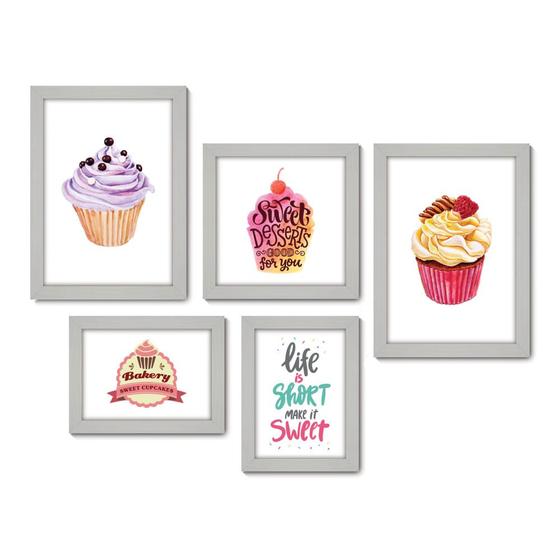 Imagem de Kit Com 5 Quadros Decorativos - Cupcake Doceria Frase Cozinha - 122kq01b