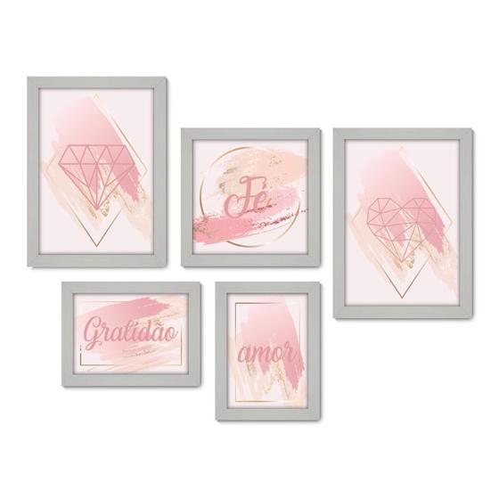 Imagem de Kit Com 5 Quadros Decorativos - Fé - Gratidão - Amor - Abstrato - Rosa - 400kq01b