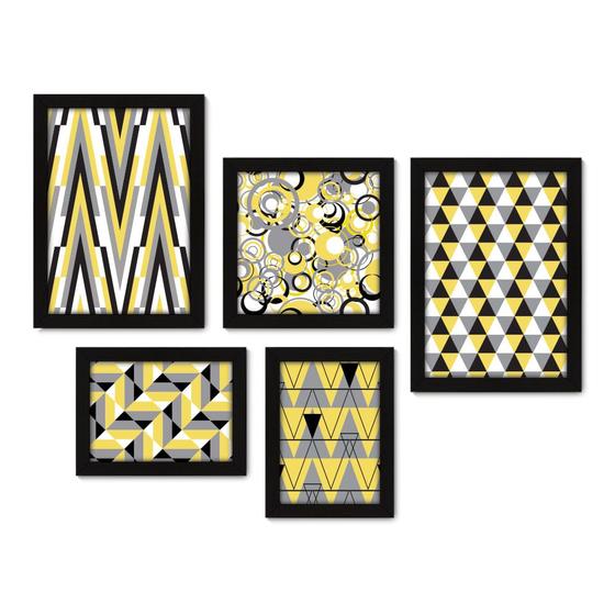 Imagem de Kit Com 5 Quadros Decorativos - Geométrico - Abstrato - Cinza e Amarelo - 381kq01p