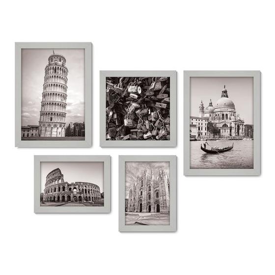 Imagem de Kit Com 5 Quadros Decorativos - Itália - Cidades - Pontos Turísticos - Roma Pisa Veneza Milão Florença - Preto e Branco - 274kq01b