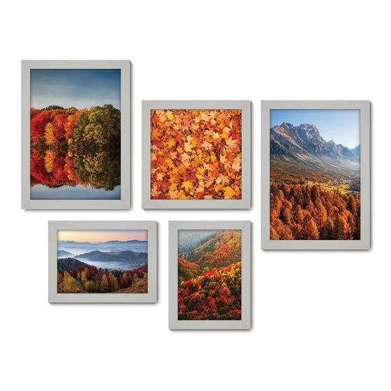 Imagem de Kit Com 5 Quadros Decorativos - Paisagem Montanhas Folhas - 108kq01b