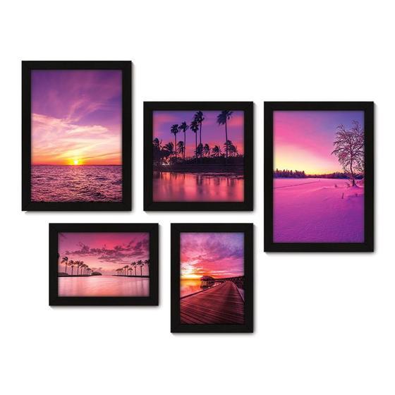 Imagem de Kit Com 5 Quadros Decorativos - Paisagem Rosa Pôr do Sol - 102kq01p