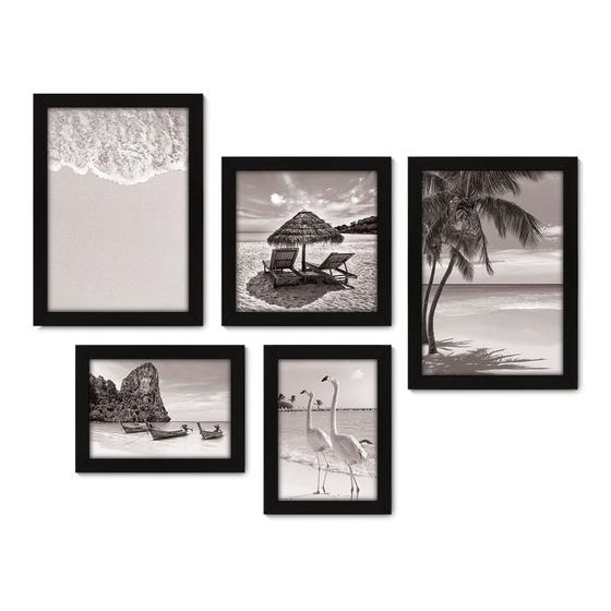 Imagem de Kit Com 5 Quadros Decorativos - Praia - Mar - Viagem - Preto e Branco - 349kq01p