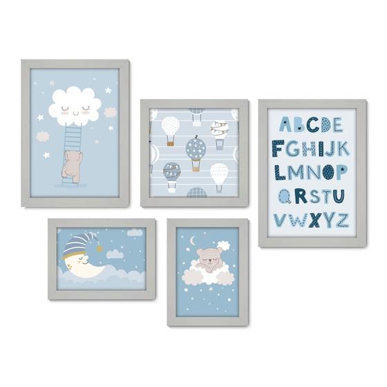 Imagem de Kit Com 5 Quadros Decorativos - Ursinhos - Infantil - Balões - Nuvens - Alfabeto - Azul - 413kq01b