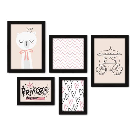 Imagem de Kit Com 5 Quadros Decorativos - Ursinhos - Princesa - Chevron - Rosa - Infantil - 415kq01p