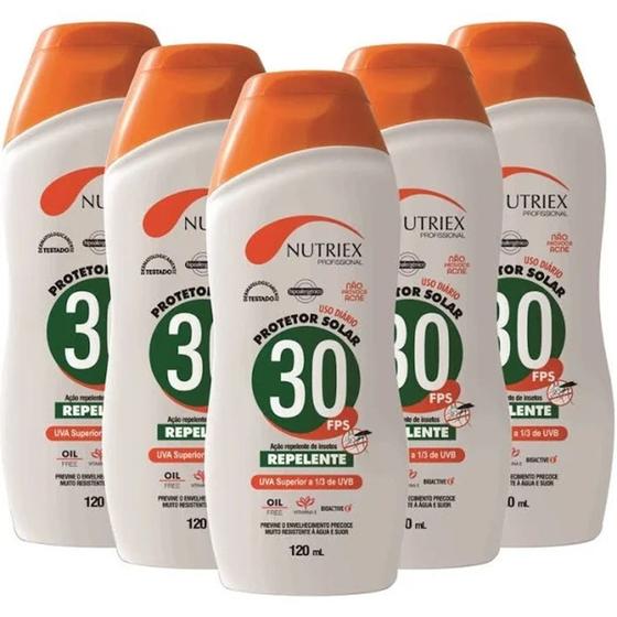 Kit com 5 unidades protetor solar nutriex fps 30 1/3 uva com repelente 120ml Menor preço em Kit com 5 unidades protetor solar nutriex fps 30 1/3 uva com repelente 120ml