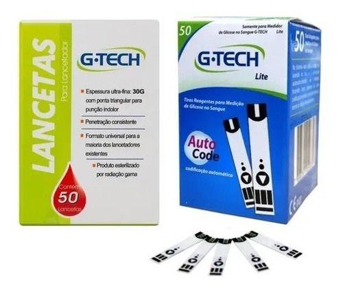 Imagem de Kit Com 50 Tiras De Medir Glicose Glicemia + 100 Lancetas Para Lancetador Gtech