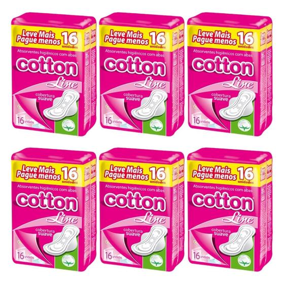 Kit com 6 Absorvente Cotton Line Higienico Cobertura Suave C/ Aba 96 unidades total Imagem de Kit com 6 Absorvente Cotton Line Higienico Cobertura Suave C/ Aba 96 unidades total